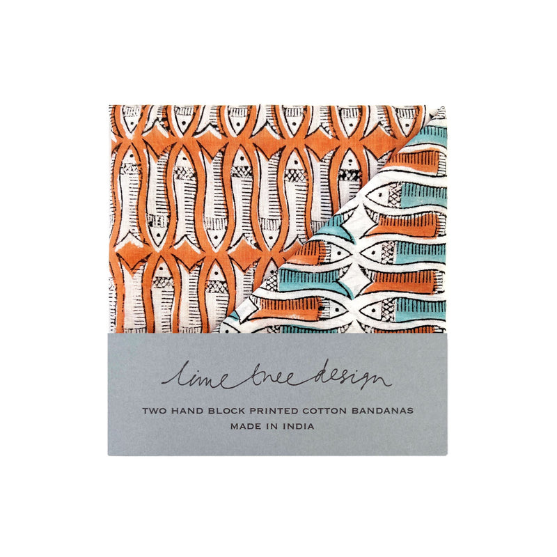 Pack of 2 Block Print Bandanas - Orange & Turquoise Fish