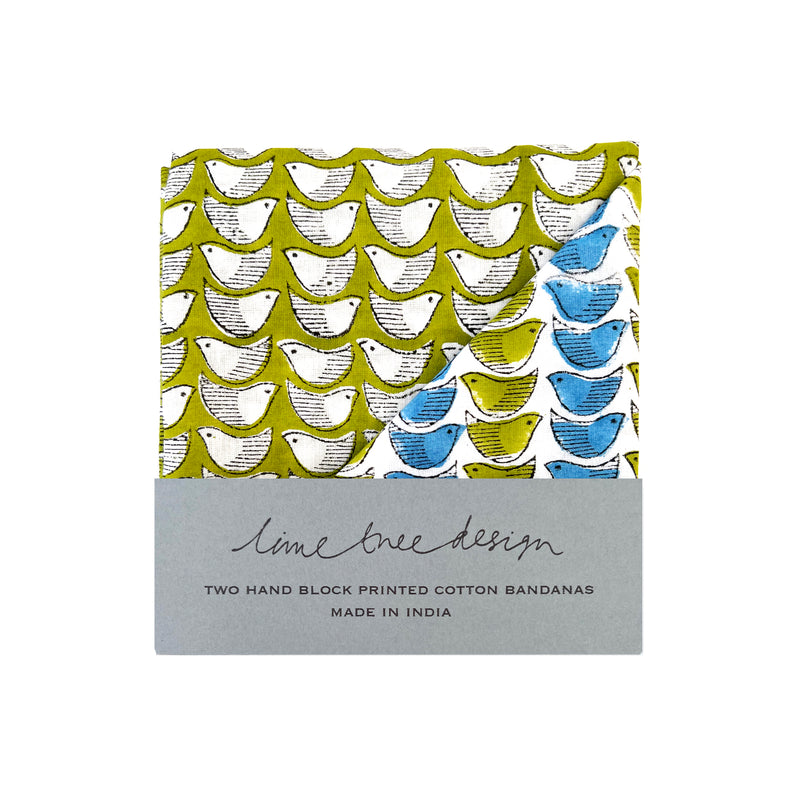 Pack of 2 Block Print Bandanas - Olive & Blue Birds