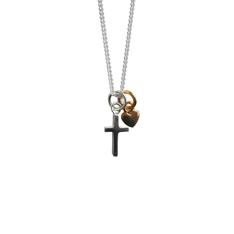 Ditsy Double: Mini Silver Cross and Gold Heart Charm Necklace