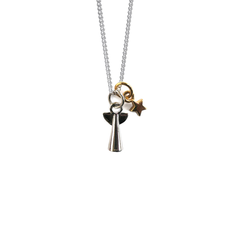 Ditsy Double: Tiny Silver Angel and Mini Gold Star Charm Necklace