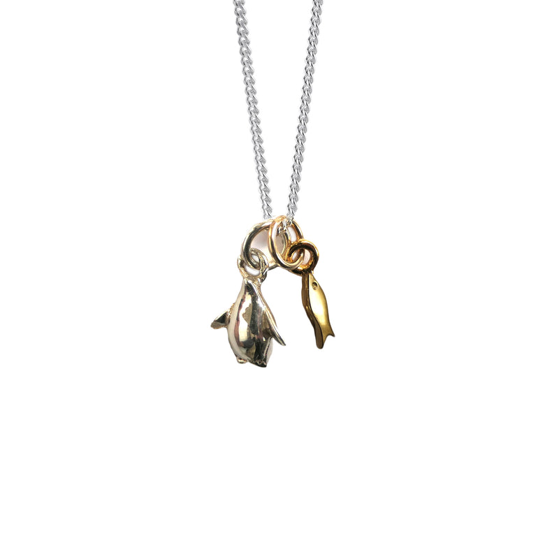 Ditsy Double: Tiny Silver Penguin and Mini Gold Fish Charm Necklace