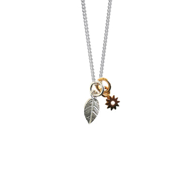 Ditsy Double: Mini Silver Leaf and Gold Flower Charm Necklace