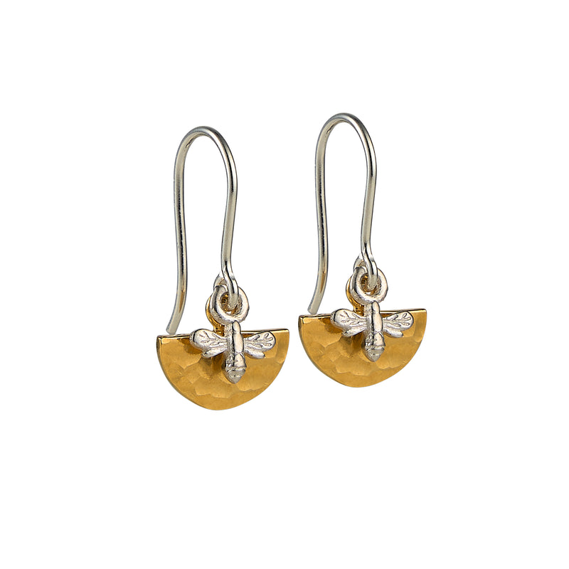 Mini Hammered Gold Semi-Circle Hook Earrings with Mini Silver Bees