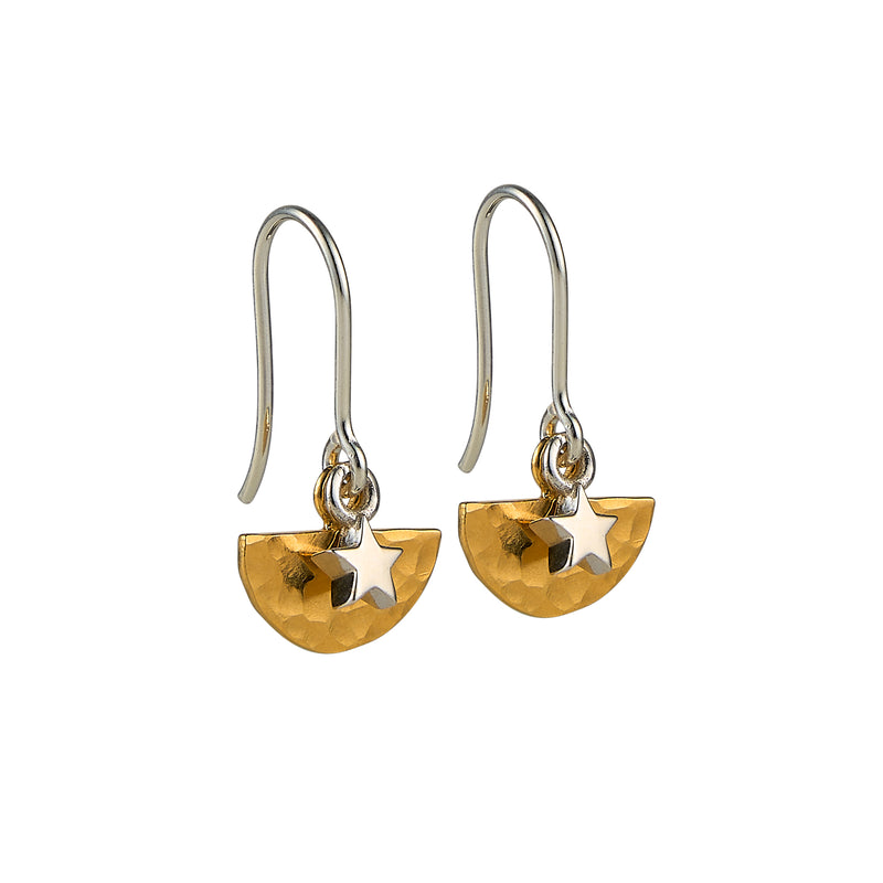 Mini Hammered Gold Semi-Circle Hook Earrings with Mini Silver Stars