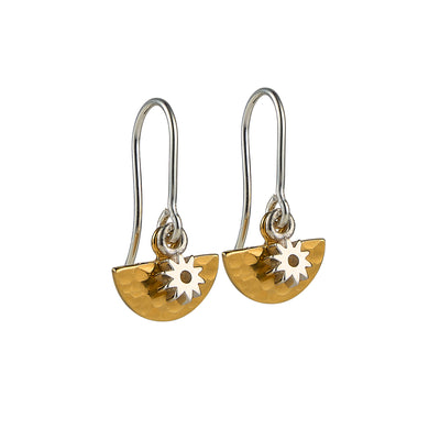 Mini Hammered Gold Semi-Circle Hook Earrings with Mini Silver Flowers