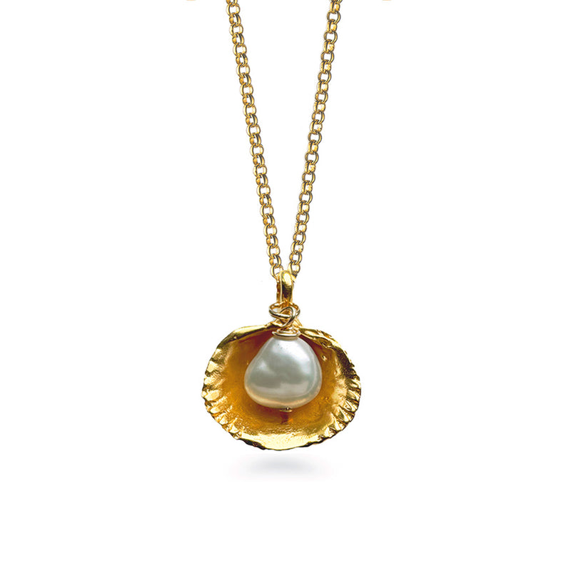 Gold Vermeil Venus Shell Pendant with Baroque Pearl