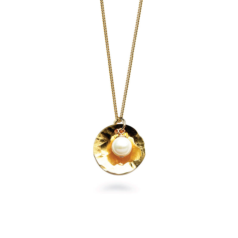 Small Hammered Gold Vermeil Dome Pendant Necklace with Round Pearl