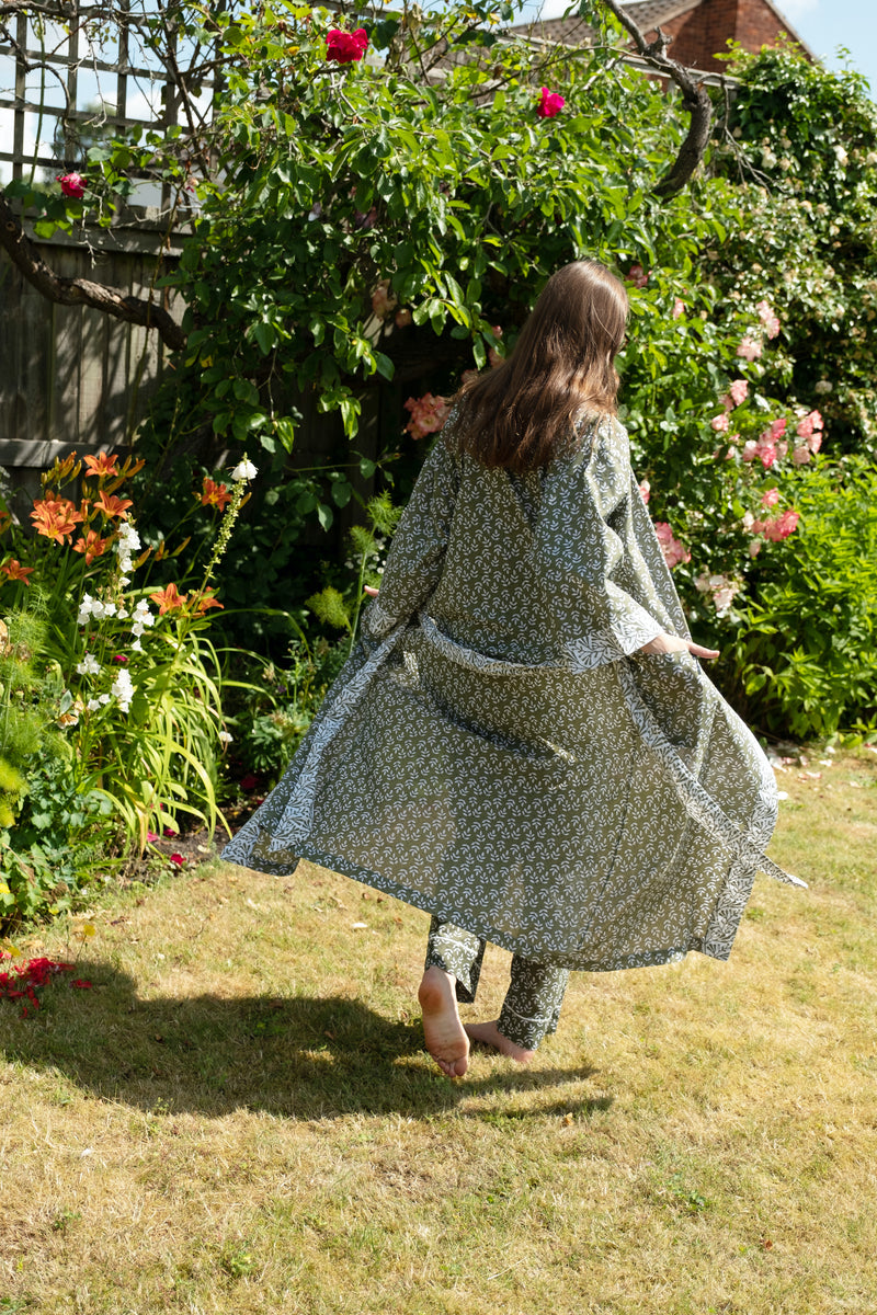 Long Cotton Kimono - Green Falling Leaf