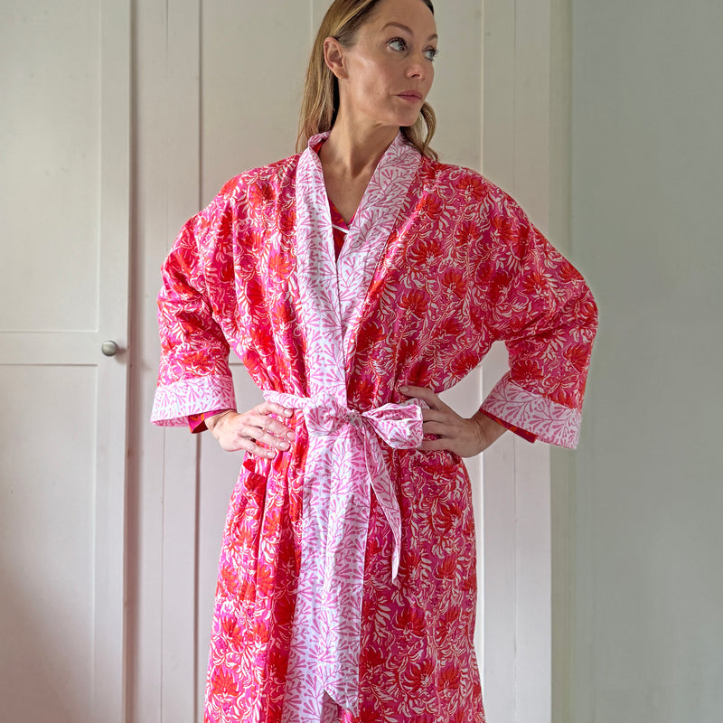 Long Cotton Kimono - Jaipur Magenta & Orange