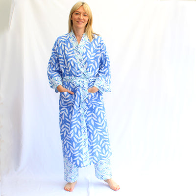 NEW Cotton Long Kimono - Large Leaf China Blue