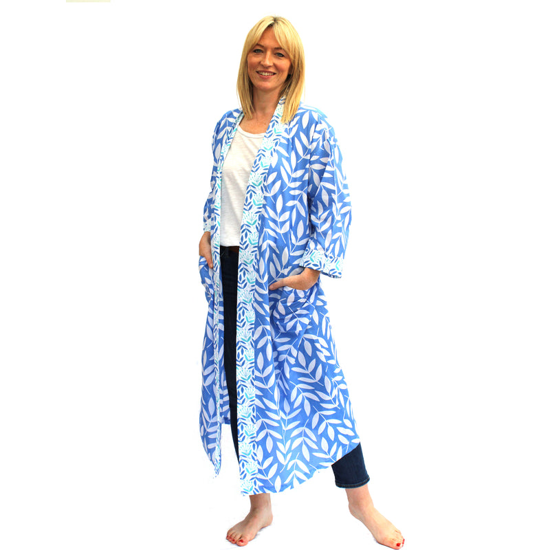 NEW Cotton Long Kimono - Large Leaf China Blue