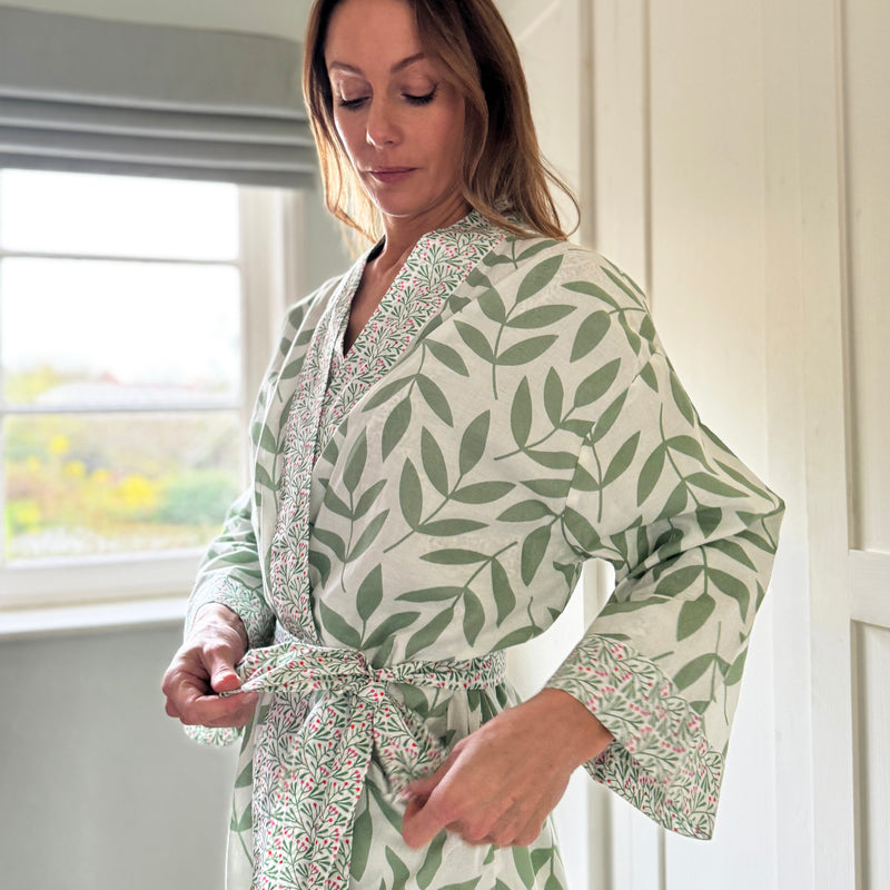 Long Cotton Kimono - Large Leaf Green