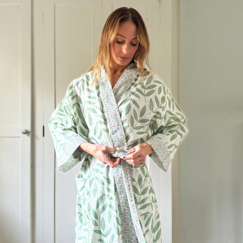 Long Cotton Kimono - Large Leaf Green