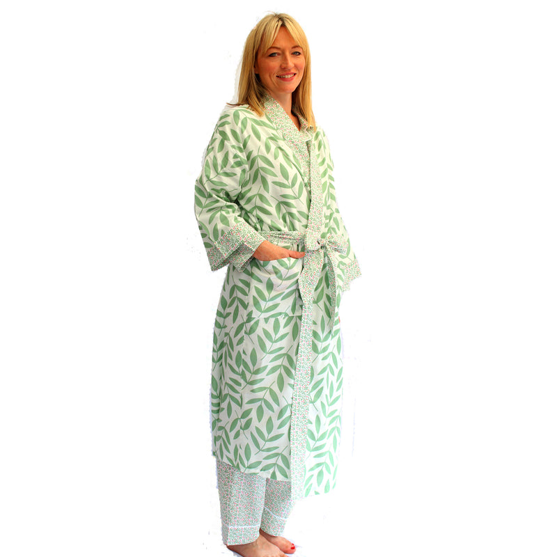 NEW Cotton Long Kimono - Large Leaf Green