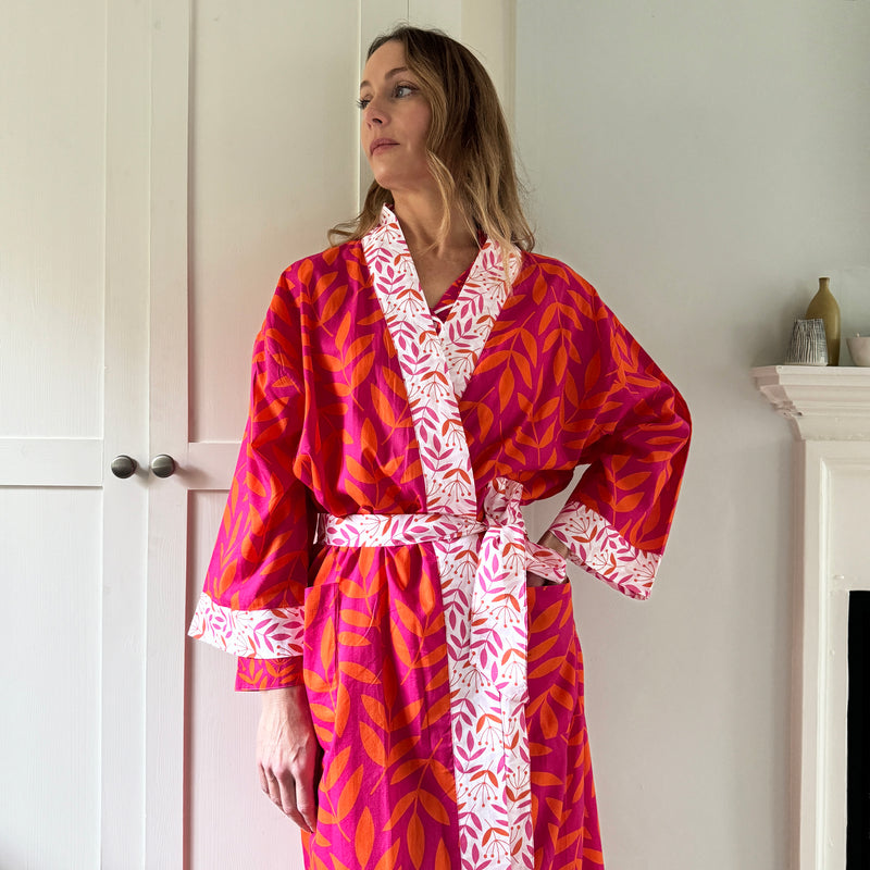 Long Cotton Kimono - Large Leaf Magenta & Orange