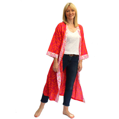 NEW Cotton Long Kimono - Large Leaf Magenta & Orange