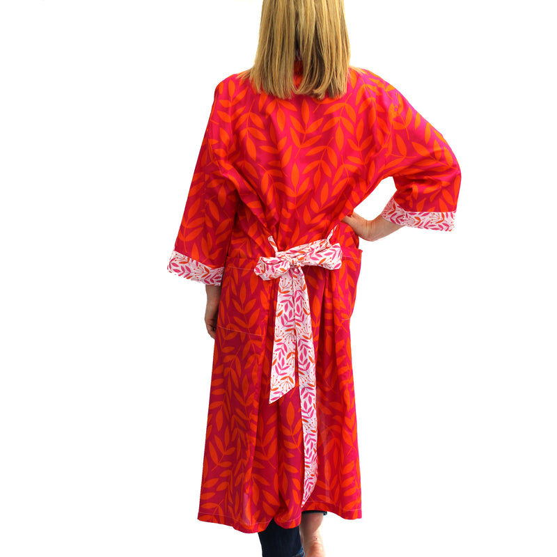 NEW Cotton Long Kimono - Large Leaf Magenta & Orange