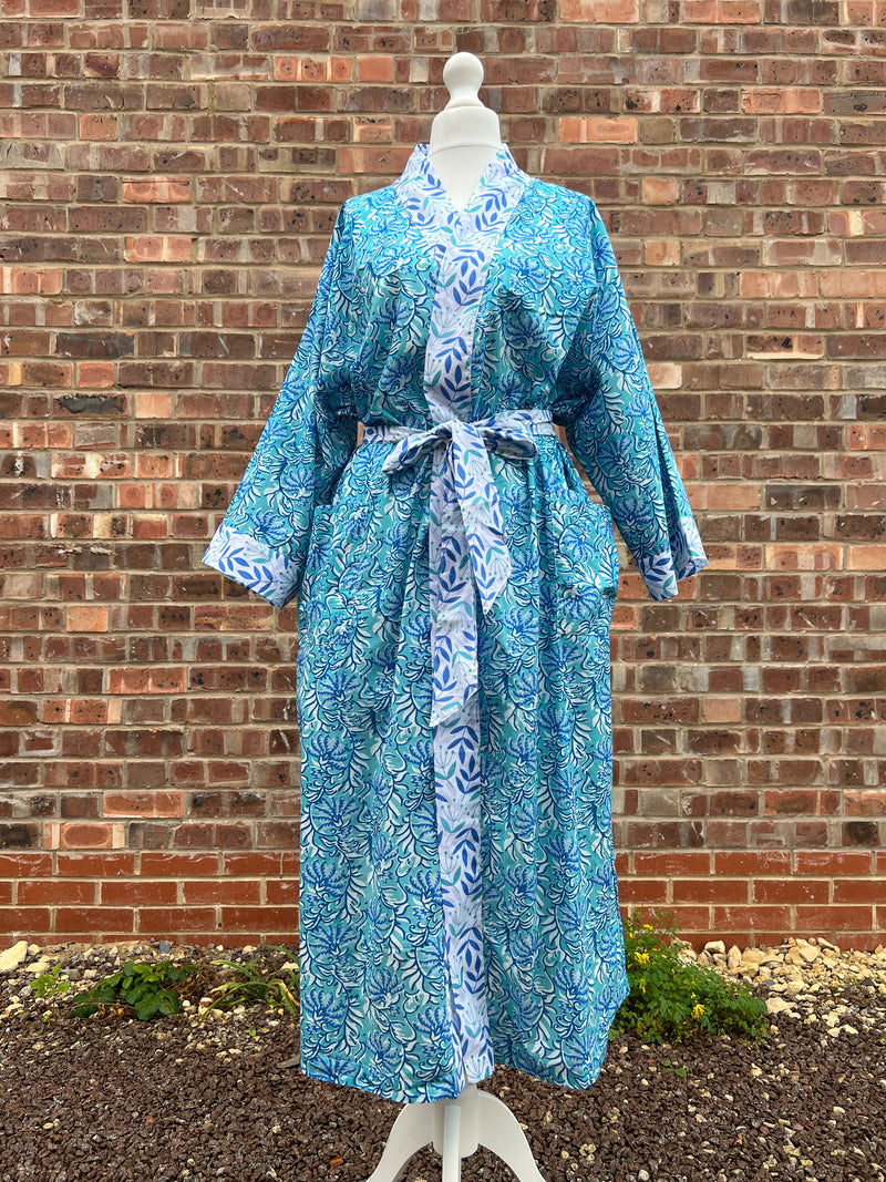 NEW Long Cotton Kimono - Jaipur Turquoise & Blue