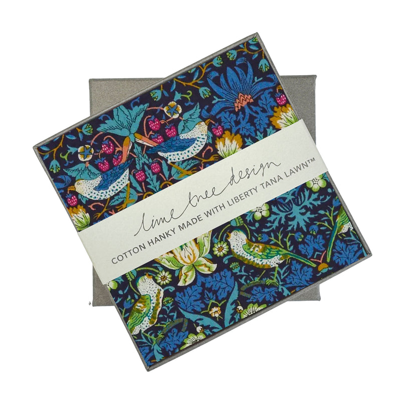 NEW Single Boxed Hanky made with Liberty Tana Lawn Strawberry Thief Blue - Unit of 3