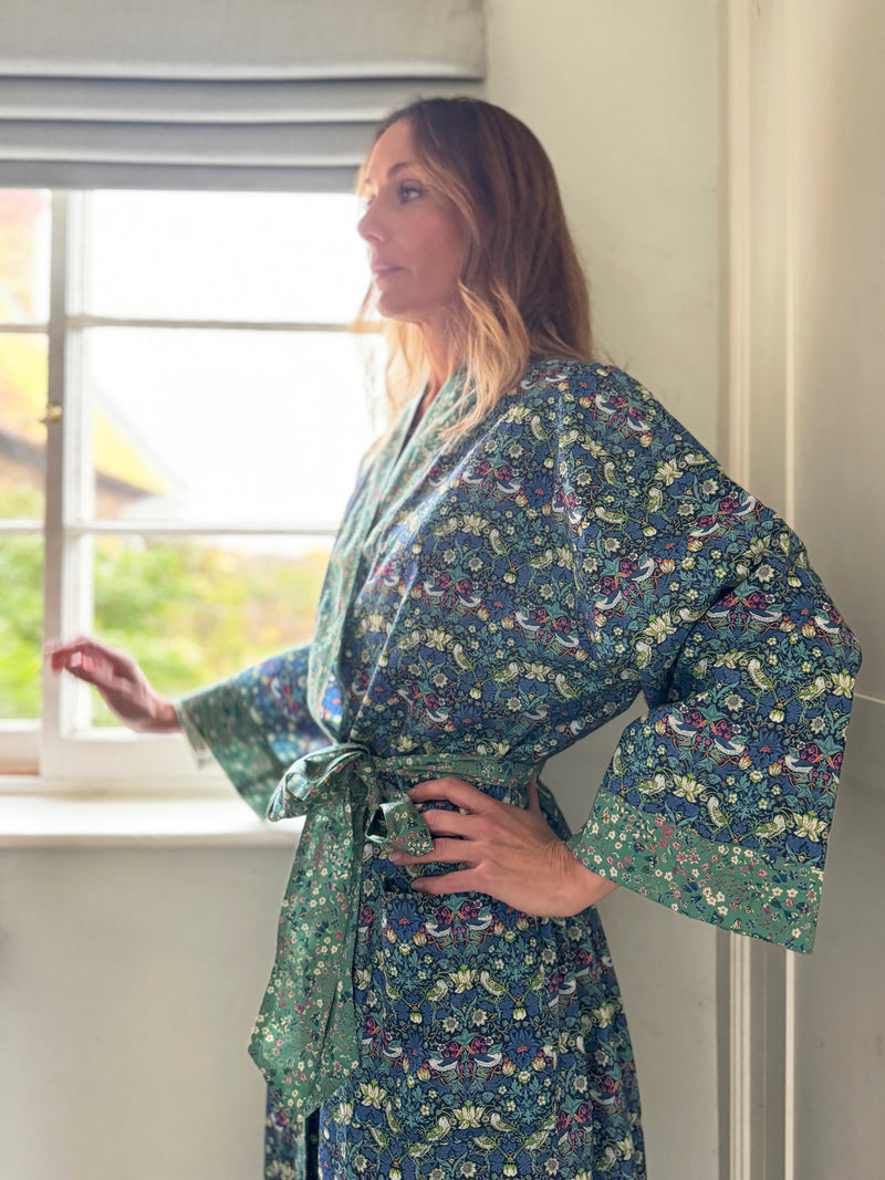 Long Kimono Robe Strawberry Thief- Made with Liberty Fabric