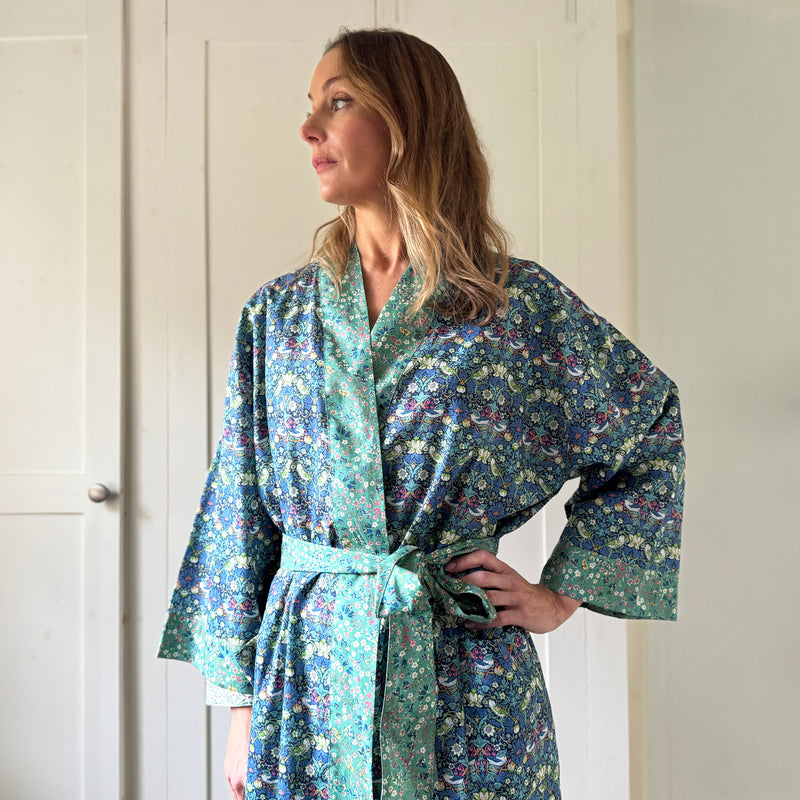 Long Kimono Robe Strawberry Thief- Made with Liberty Fabric