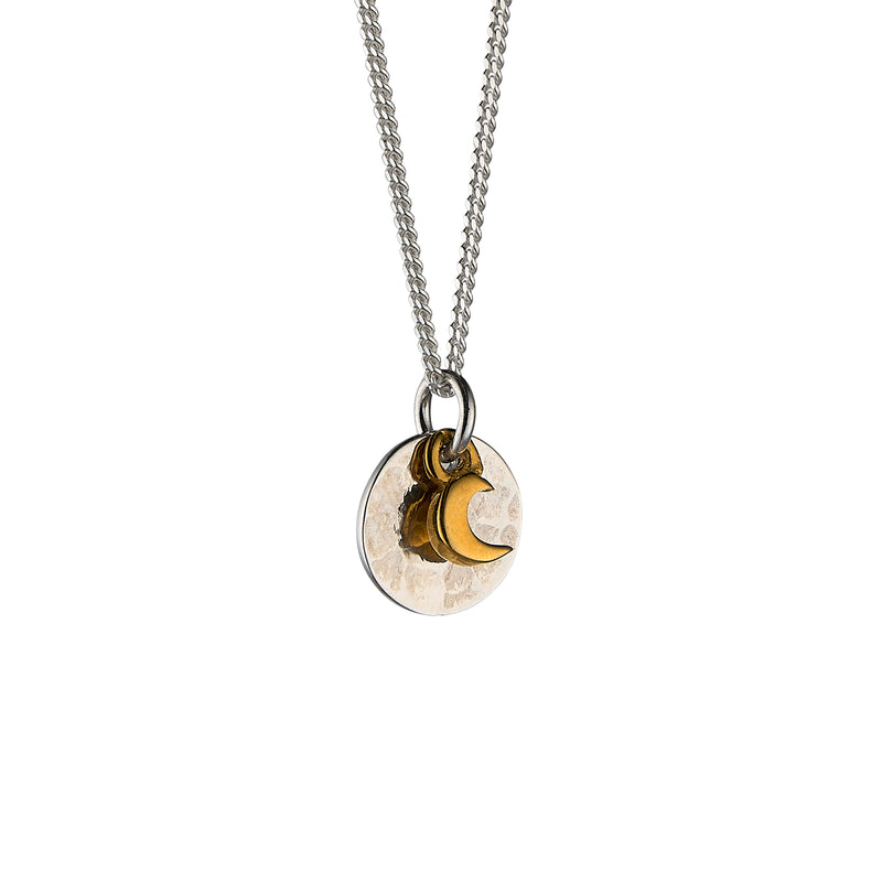Mini Hammered Silver Disc and Gold Moon Necklace