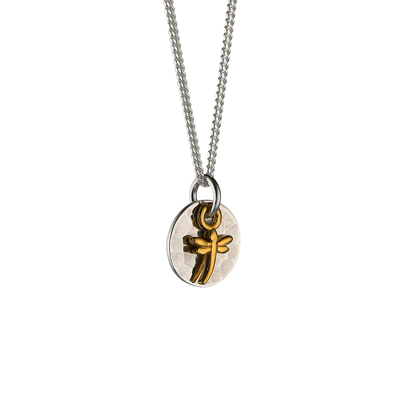 Mini Hammered Silver Disc and Gold Dragonfly Necklace