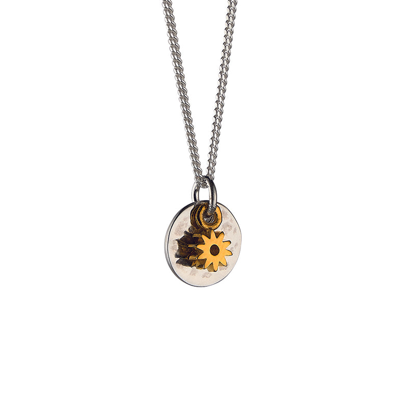 Mini Hammered Silver Disc and Gold Flower Necklace