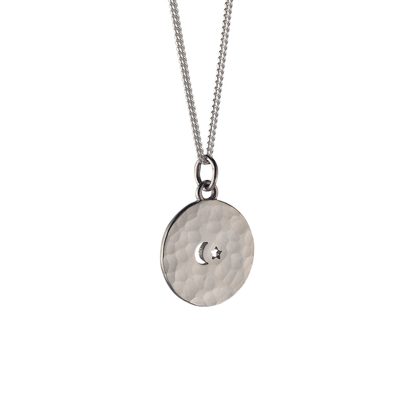 Silhouette Necklace with Small Cut-out Moon & Star: Hammered Sterling Silver