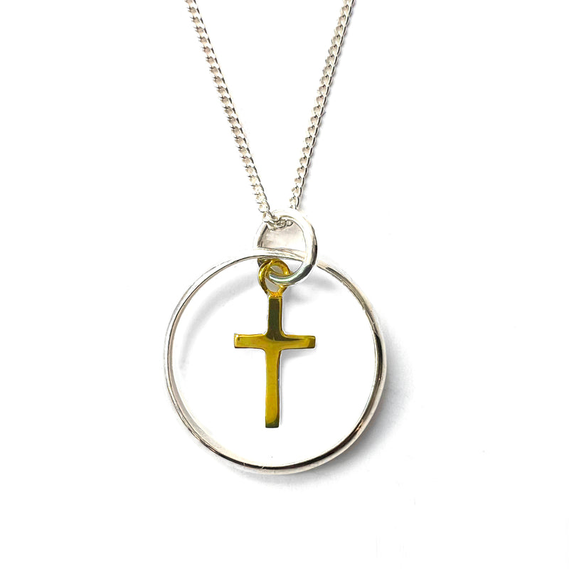 Silver Ring Necklace with Gold Vermeil Cross Charm