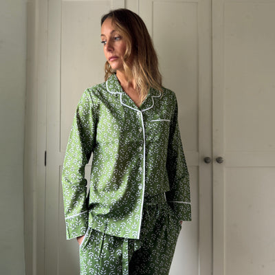 Green Falling Leaf Cotton Pyjamas