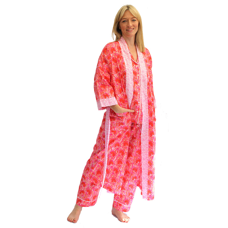 NEW Cotton Long Kimono - Jaipur Magenta & Orange Fabric