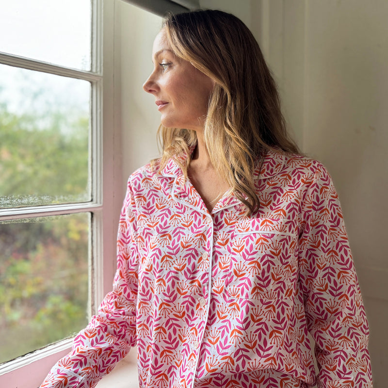 Leaf & Bud, Magenta & Orange Cotton Pyjamas - New Version