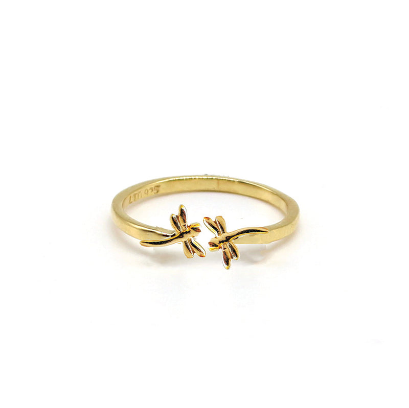 Adjustable Ring with Two Mini Dragonflies in Gold Vermeil