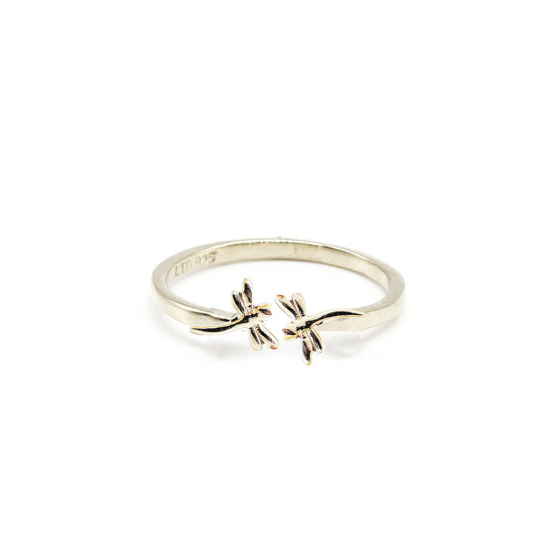 Adjustable Ring with Two Mini Dragonflies in Sterling Silver