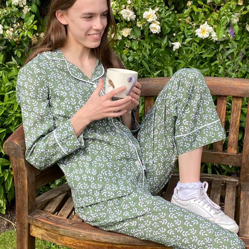 Leaf Green Block Print Cotton Pyjamas