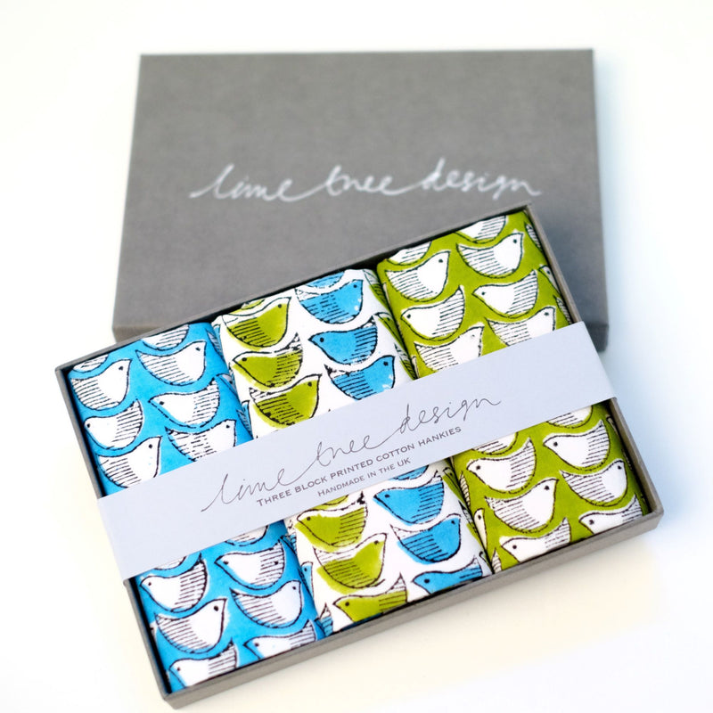 Box of 3 Cotton Hankies - Blue & Green Birds