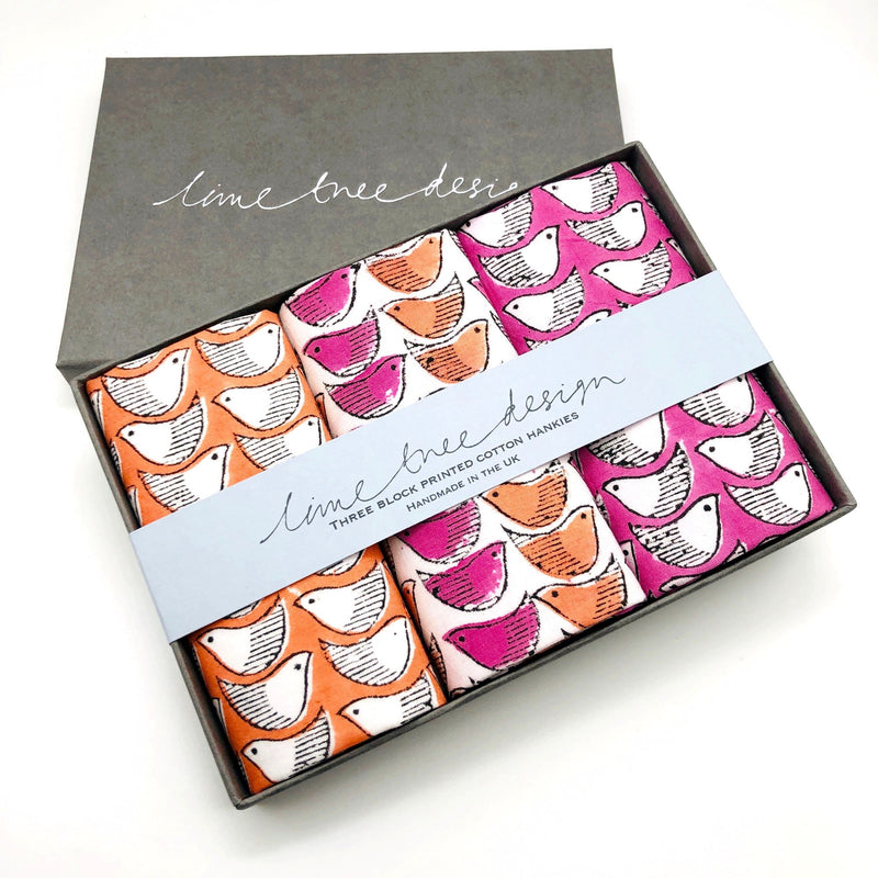 Box of 3 Cotton Print Hankies - Pink & Orange Birds