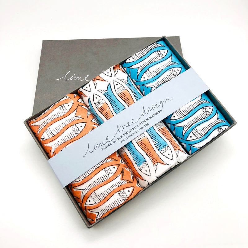 Box of 3 Cotton Hankies - Orange & Turquoise Fish