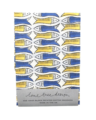 Single Block Print Bandana: Blue & Mustard Fish - Unit of 4