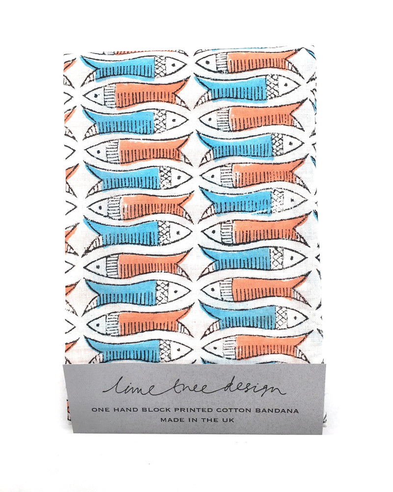 Single Block Print Bandana: Orange & Turquoise Fish - Unit of 4