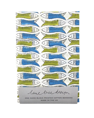 Single Block Print Bandana: Olive & Blue Fish - Unit of 4