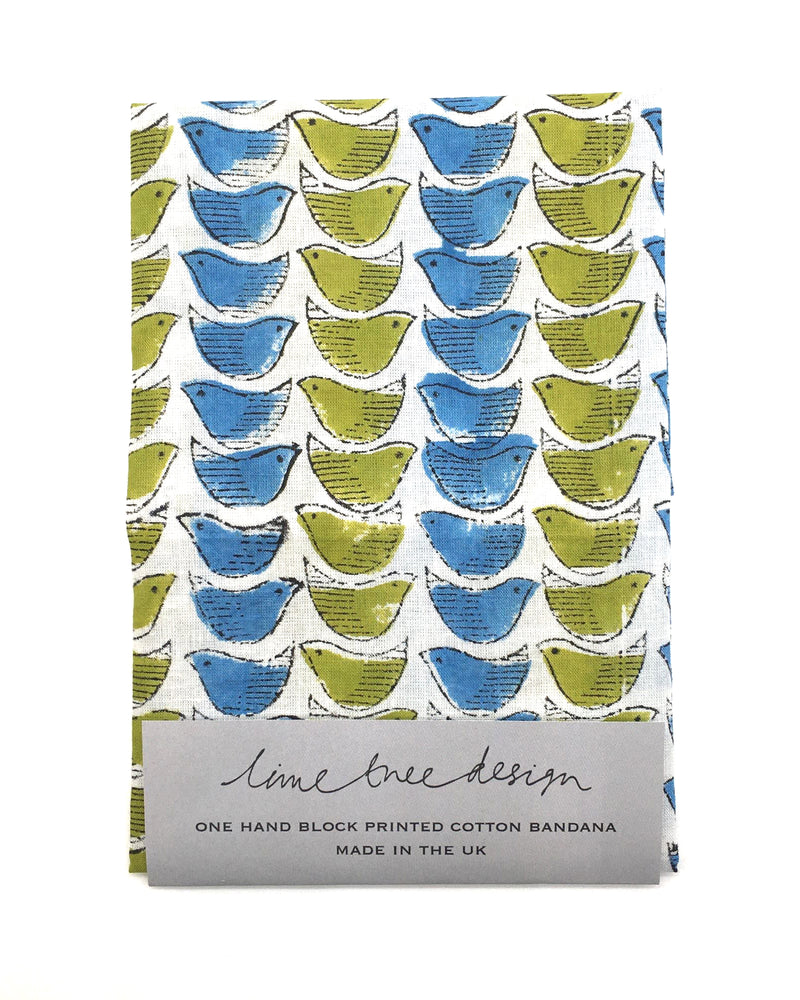 Single Block Print Bandana: Blue & Olive Birds - Unit of 4