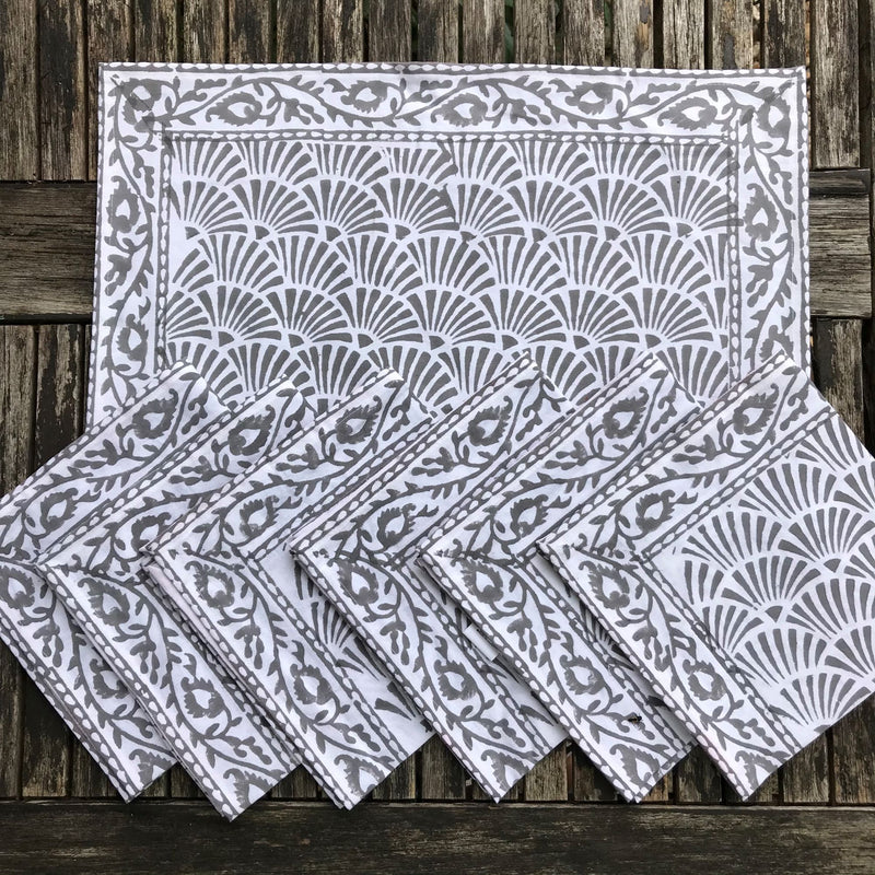 Pack of 6 Grey and White Block Print Placemats and Napkins: Unit of 2