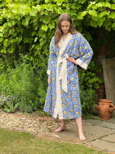 Long Kimono - Jaipur Blue and Yellow Fabric