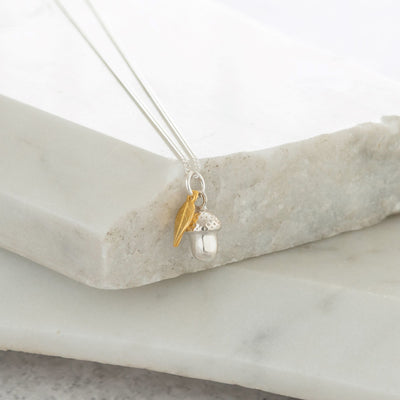 Silver Acorn with Gold Leaf Charm Necklace