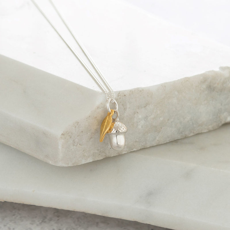 Silver Acorn with Gold Leaf Charm Necklace