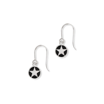 Silver Hook Earrings: Black Enamel Mini Star Medallion