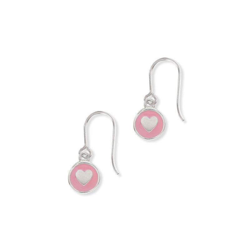 Silver Hook Earrings: Powder Pink Enamel Mini Heart Medallion