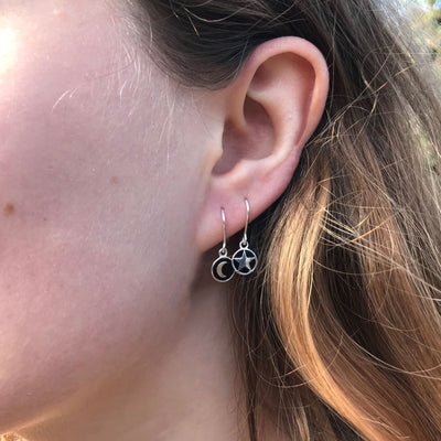 Silver Hook Earrings: Black Enamel Mini Moon & Star Medallions